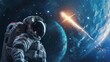 Astronaut watching a comet or asteroid pass from space over Earth in high resolution and high quality. CONCEPT universe, comets, danger