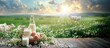 Fresh dairy products in glasses, cheese and bottles and fresh eggs in baskets on wooden table with video of beautiful meadow landscape and clear sky. Advertising poster with space for text or label.