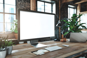 Wall Mural - Mockup of modern computer with blank white screen on wooden desk