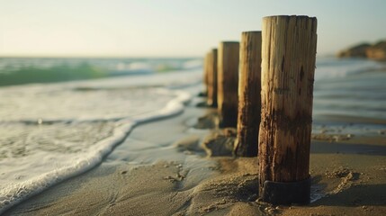 Wall Mural - Weathered wooden posts on a sandy beach