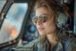 Portrait of a beautiful female pilot flying an airplane.