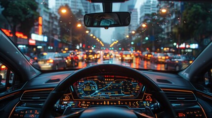 Poster - An autonomous self-driving vehicle (HUD) with a graphic sensor signal is driving on a city street in a smart car (HUD).