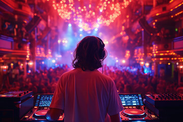 Wall Mural - man DJ in headphones mixing music on DJ mixer console on booth in a night club at party against background of blurred dancing people