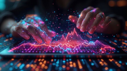 Poster - Technology hands holding tablets with growth histograms. Low poly stock market graph. Modern illustration over a dark background.