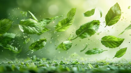 Poster - Flow of fresh leaves. A menthol-tinged air vortex for fresheners, cleaners or mentholated tea. Modern illustration.