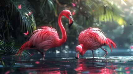 Wall Mural - Flamingos in a tropical setting