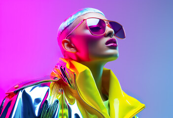 Wall Mural - Futuristic neon fashion and fluorescent vibrance color and showing glossy chrome texture of clothes.cyber punk stylish design