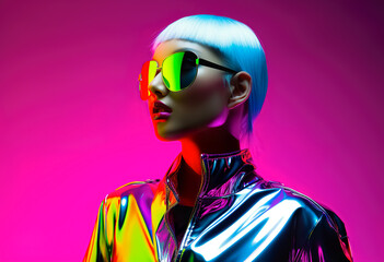 Wall Mural - Futuristic neon fashion and fluorescent vibrance color and showing glossy chrome texture of clothes.cyber punk stylish design