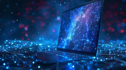 Poster - Computers and technology concepts with low-poly starry sky and cosmos style. Abstract modern computerization theme in blue color. Devices polygonal theme.