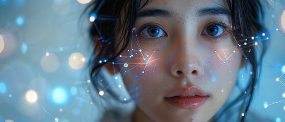Aufkleber - An innovative future technology enables a young Asian woman to view her phone data and functions in holographic displays all around her.