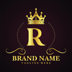 Luxury brand letter R logo with crown.