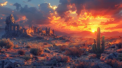 Wall Mural - Sunset behind cactus in desert with ruins