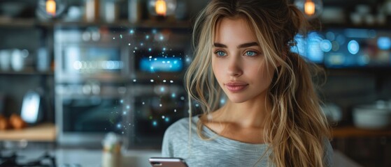 Fototapete - A young woman uses her smartphone in the kitchen to control her kitchen appliances. Digitalization visualization of connected home technology.