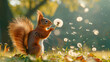 Squirrel on hind legs, playing with a dandelion, as seeds drift away in the soft golden light of morning