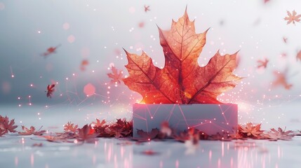 Fototapete - This is an abstract open box and maple leaf. Autumn sale template. Low poly style design. Geometric background. Wireframe light connection structure. Modern 3D graphic concept. Isolated modern