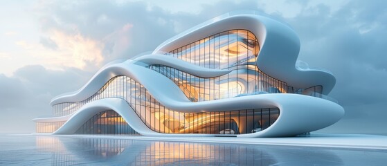 Fototapete - An angled view of a skyscraper with curve glass windows in a futuristic building, rendered in 3D.....