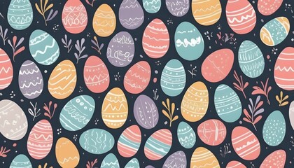 Sticker - seamless pattern with colorful easter eggs , Cute hand drawn easter eggs horizontal seamless pattern, fun easter decoration for banners, wallpapers, cards - vector design created with generative ai