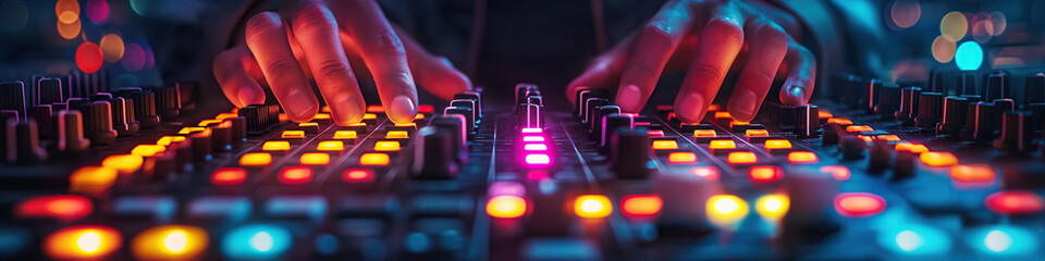 Wall Mural - male hands of man DJ mixes music on DJ console mixer at a nightclub in night party