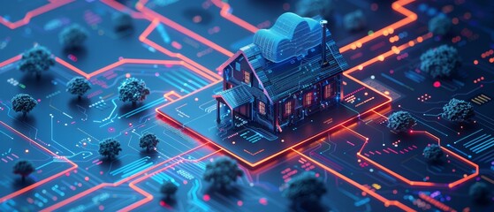 Fototapete - Home is made up of digits and connected with domestic smart devices through cloud storage. A digital control system of a smart house works with IoT and cloud computing technology.