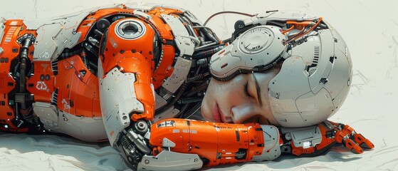 Leinwandbilder - Angidiomorphic humanoid robot curling up and sleeping in cyberspace. Cyborg cable connections. AI concept illustration, AI concept.