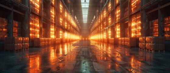 Poster - Digital warehouses. Automatic stock storage, modern distribution buildings, ecommerce warehouses, digital logistics, smart package hardware, AI delivery systems, innovation in cargo, commercial
