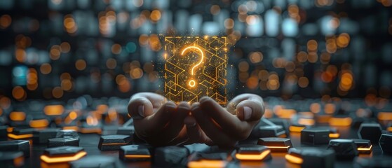 Leinwandbilder - FAQ pile with question mark icons and hand holding top element. Customer FAQ, digital technology, AI integration, service innovation, creative answers, FAQ concept.