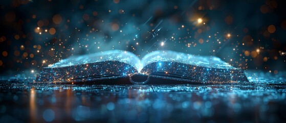Leinwandbilder - A notebook on a laptop and a book at a desk. Low poly wireframe online education background or concept. Digital  illustration. Online reading or courses. Abstract polygonal image of a notebook