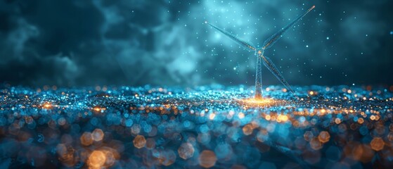 Poster - Modern 3d  abstract blue wind turbine with power button. Alternative renewable energy generation concept. Geometric background. Wireframe light connection structure.
