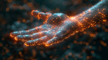 Leinwandbilder -  illustration of a hand helping a cogwheel. Artificial intelligence and machine learning concept. Modern geometric background with wireframe light connection structure.