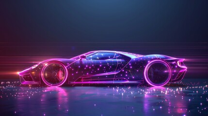 Fototapete - A fast  wireframe concept shows a sport car in the form of a starry sky or space from which points, lines, and shapes represent planets, stars, and the universe. Blue and purple colors.