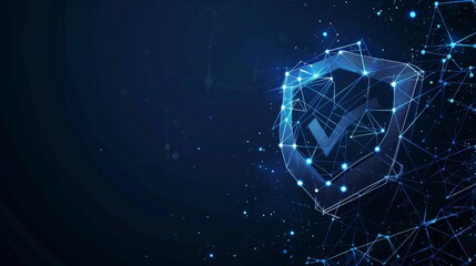 Fototapete - A check mark is on the shield. A polygonal wireframe mesh art looks like constellations on a dark blue night sky. An illustration or background for safe, privacy, security, or other concepts.
