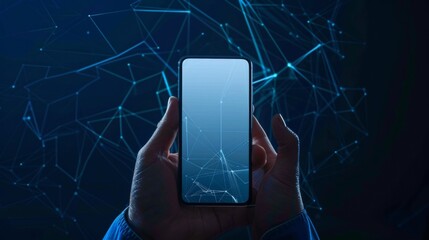 Poster - A mobile phone with an abstract polygonal wireframe closeup of a blank white screen in the hand of a man. Illustration of dark blue background. Communication application on smartphone.