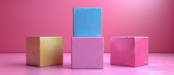 Fototapete - An award podium with three pastel squares of varying sizes and a pink blank background for copying