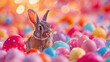 An adorable brown rabbit sitting in eggshell, symbolizing Easter holiday celebration and new beginnings