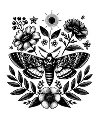 Poster - Black and white nature illustration clipart graphic of moth with flowers, leaves, and sun symbol in a boho, cottagecore, naturecore, witchcore, goth, stamp, tattoo, vector style