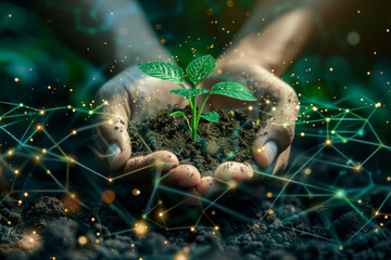 two hands gently support a clump of soil nurturing a young green plant, intertwined with icons symbo