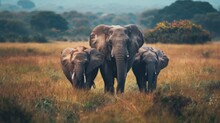 Herd Of Elephants Crossing Dry Grass Field