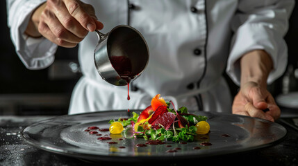 A chef's hand is drizzling sauce over a meticulously arranged gourmet dish.