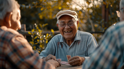 Poster - Senior men with smiles engage in a card game outdoors.