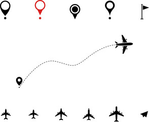 Wall Mural - Airplane line path vector icon of air plane flight route with start point and dash line trace - vector illustration