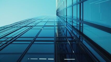 Wall Mural - a modern skyscraper from a low angle, showcasing its glass facade reflecting the clear blue sky and 