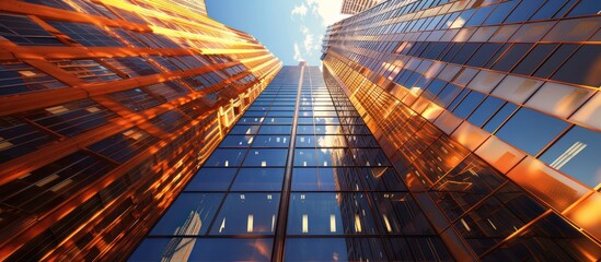 Wall Mural - ground looking skyward at towering modern skyscrapers bathed in golden sunlight reflecting off the g