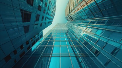 Wall Mural - looking up at towering skyscrapers, the image captures the imposing nature of modern architecture ag
