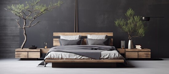 Wall Mural - A detailed view of a bed featuring a wooden headboard and matching nightstands on each side