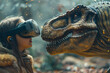 A child wearing VR glasses, standing in awe as they gaze at a majestic T-rex in a fantasy world, photorealistic, close-up view