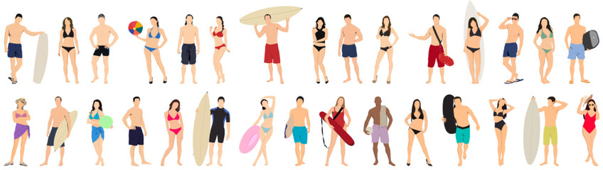 Wall Mural - Active people diving, swim and surfing. Summer people swimming vector illustration