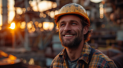 A man wearing a yellow hard hat and smiling