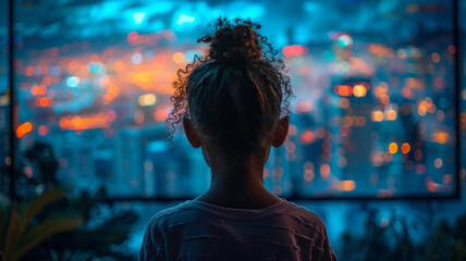 A young girl is watching a cityscape on a television
