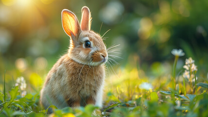 Wall Mural - A small brown rabbit is sitting in the grass