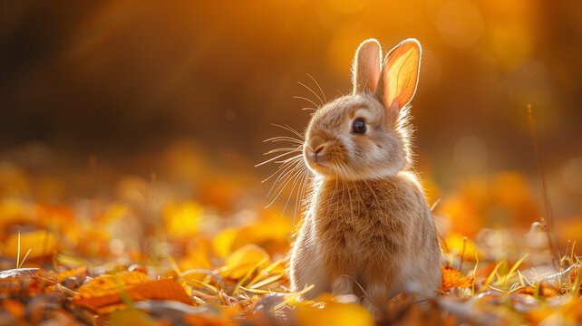 A small brown rabbit is sitting on the ground in a field of yellow leaves
